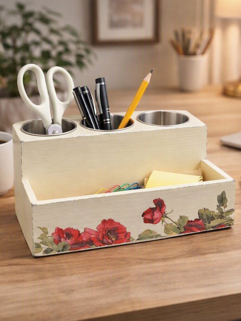 Cream Floral Wooden Desk Organizer – 3 Metal Cups & Front Storage Slot
